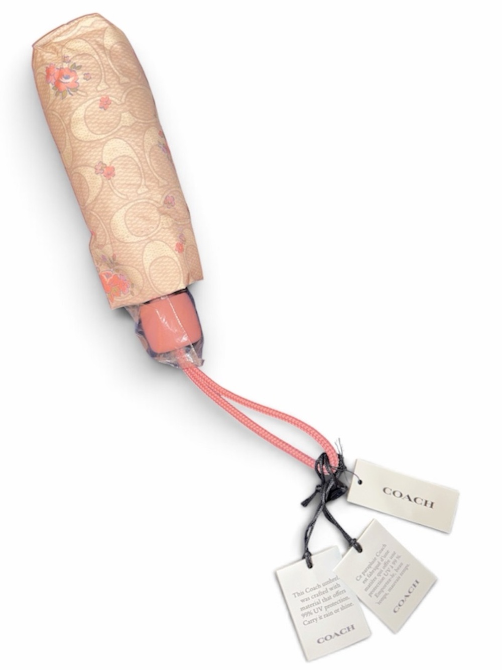 NWT Coach Compact Floral Print Folding Umbrella in Peach Pink